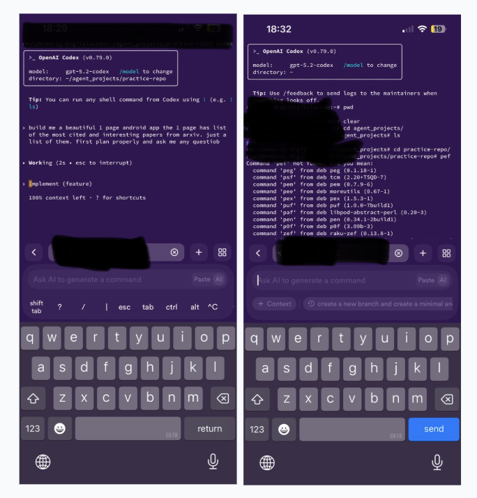 Screenshot showing code development interface on mobile phone via Termius